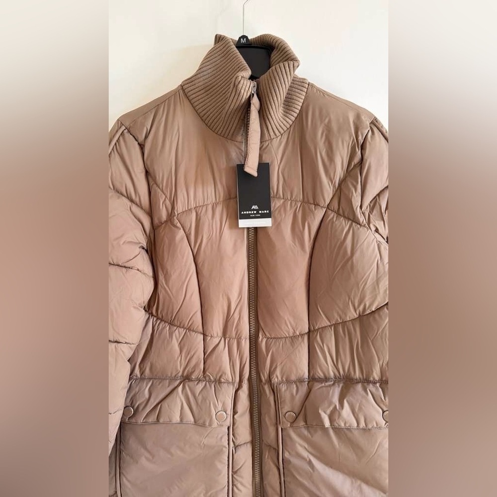 Andrew Marc Ribbed Collar Long Puffer Jacket Women Quilted Coat Pockets M - Picture 4 of 6